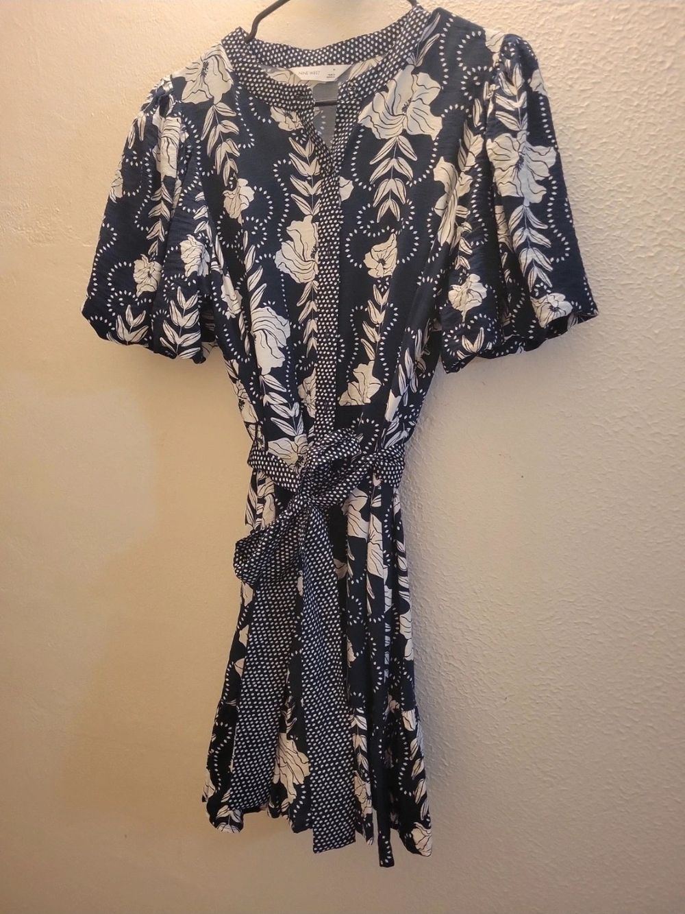 Navy and White Floral Tie-Waist Women's Dress